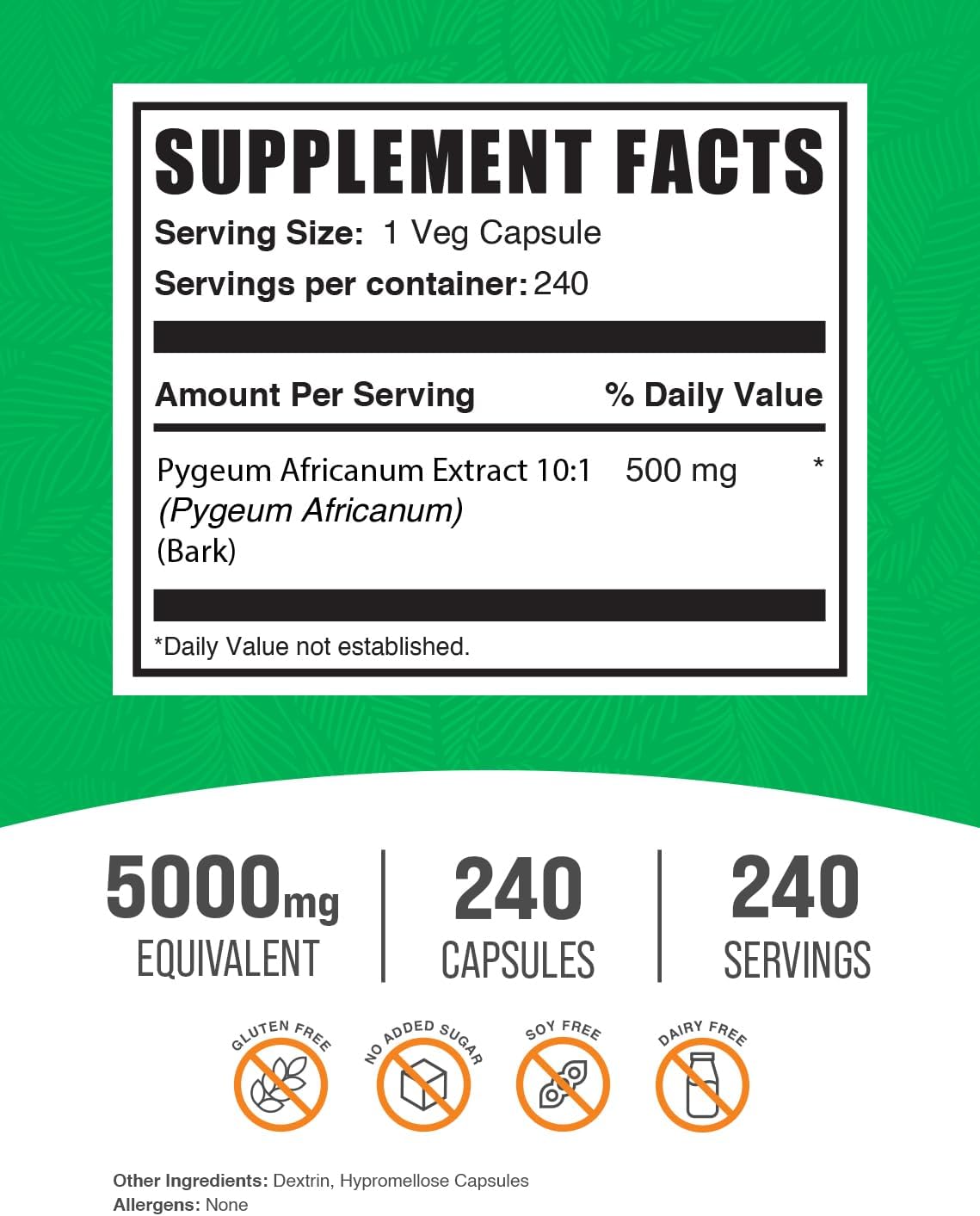 Pygeum Africanum Extract Capsules - 5000mg Pygeum Supplement, Gluten-Free - 240 Veg Capsules in Bulk Pack