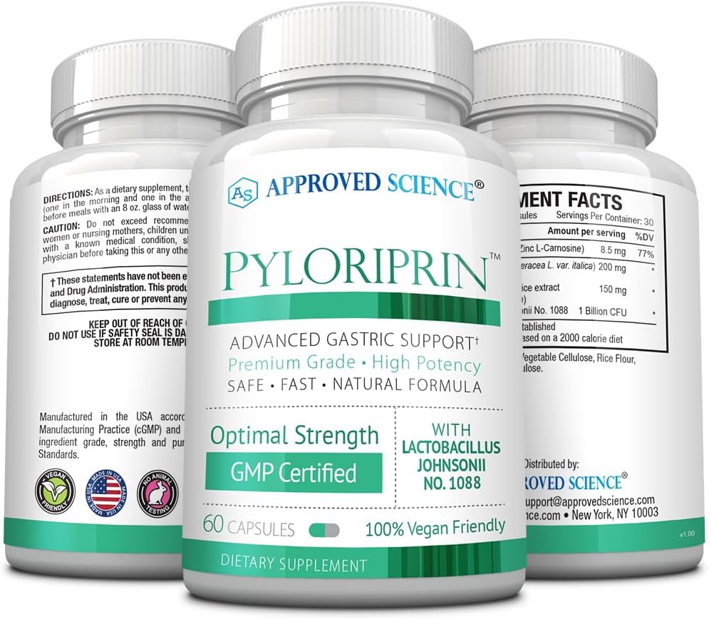 Pyloriprin Digestive Support Capsules - Advanced Stomach Health Formula with Zinc, Probiotic, Broccoli Sprout, Licorice - 180 Vegan Capsules - 3 Month Supply