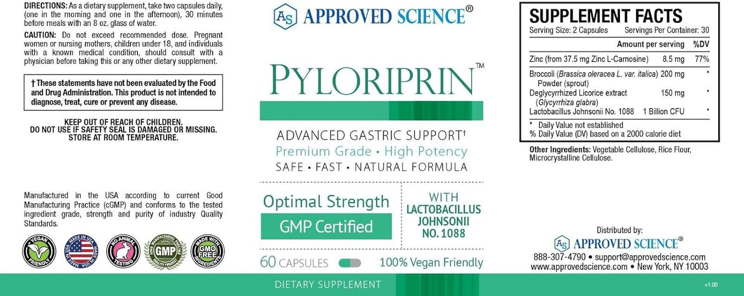 Pyloriprin Digestive Support Capsules - Advanced Stomach Health Formula with Zinc, Probiotic, Broccoli Sprout, Licorice - 180 Vegan Capsules - 3 Month Supply