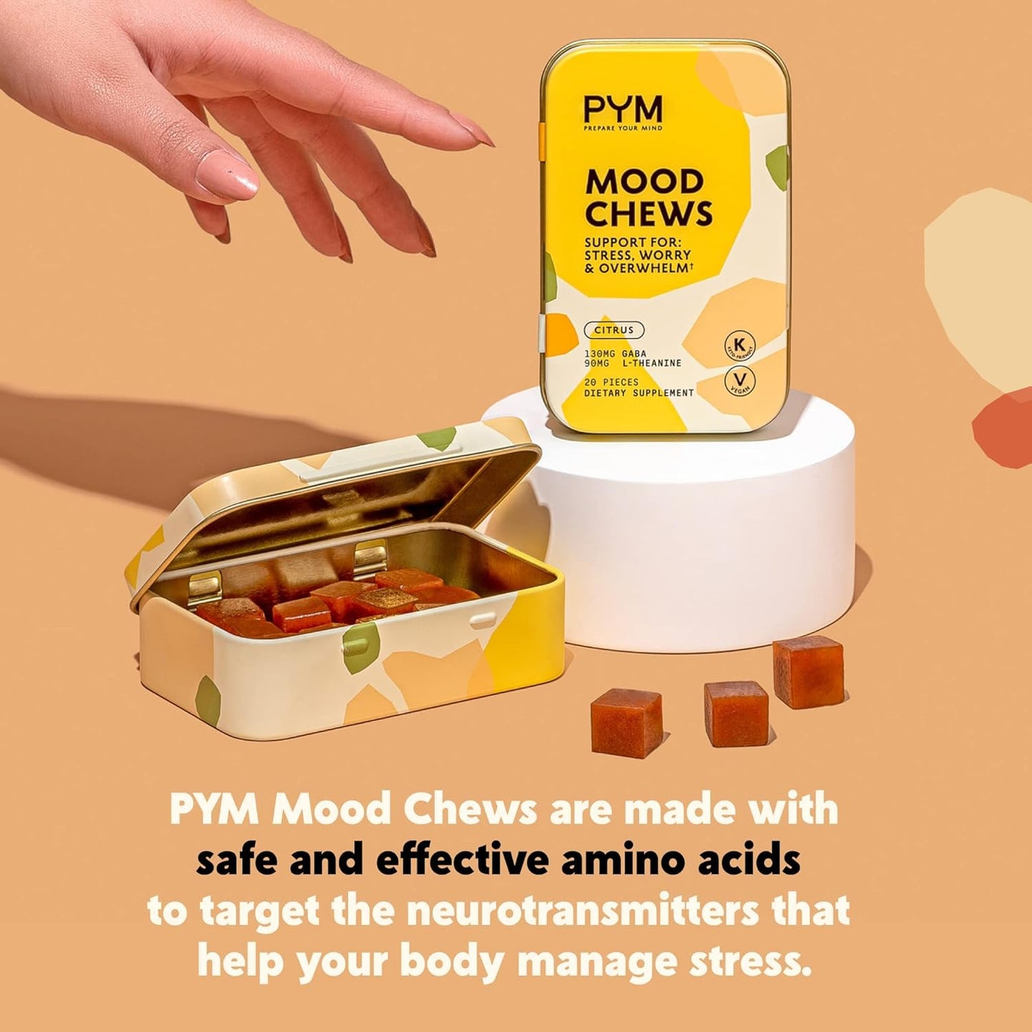 PYM Citrus Mood Chews: 20 Count Stress & Anxiety Support | 130mg GABA, 90mg L-Theanine | Vegan, Non-GMO, Gluten-Free | USA-Made Mood Balance Supplement