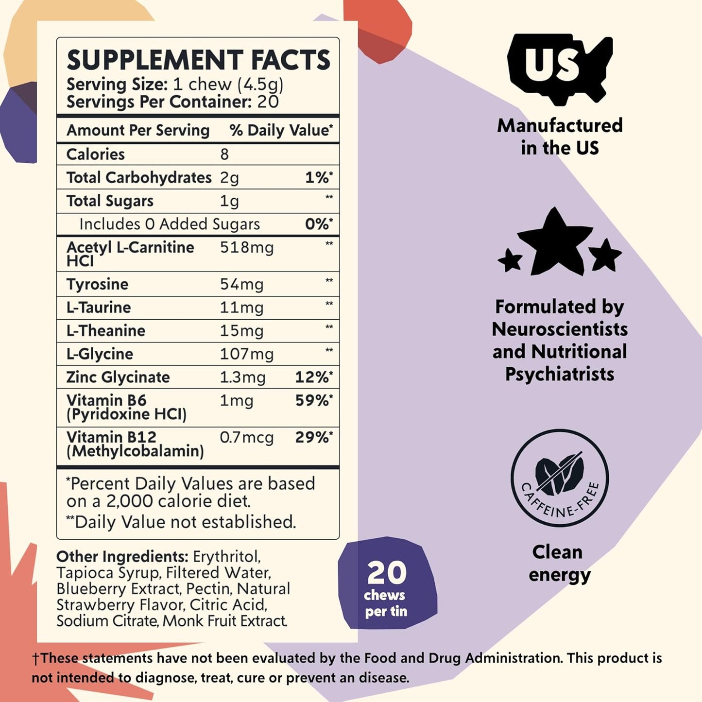 PYM Health Attention Chews - Natural Support for Focus, Productivity, and Procrastination - 20 Count with L-Carnitine, Tyrosine, and L-Taurine - Caffeine-Free USA-Made Mood Boost Supplement