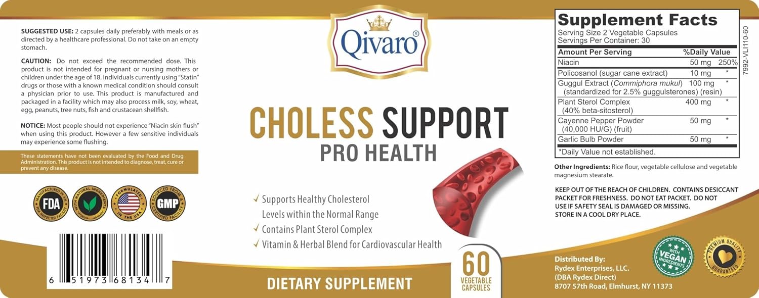 Qivaro Cholesterol & Lipid Management Supplement - Supports Pro Health with Guggul & Garlic Extract - Vegan, Non-GMO - 60 Capsules