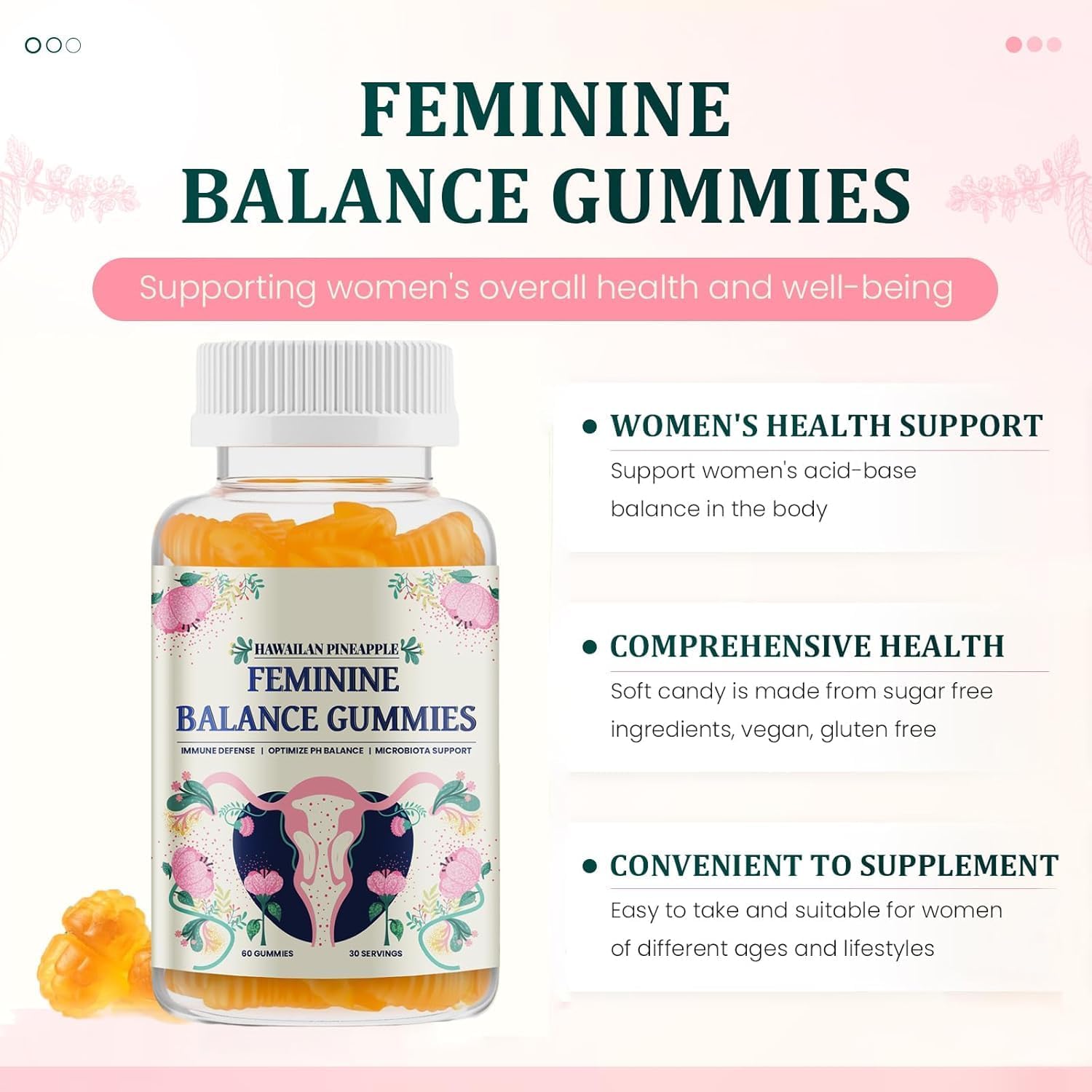 Qiyvipo Hawaiian Pineapple Feminine Balance Gummies for Women - Vegan & Gluten-Free pH & Immune Support (1)