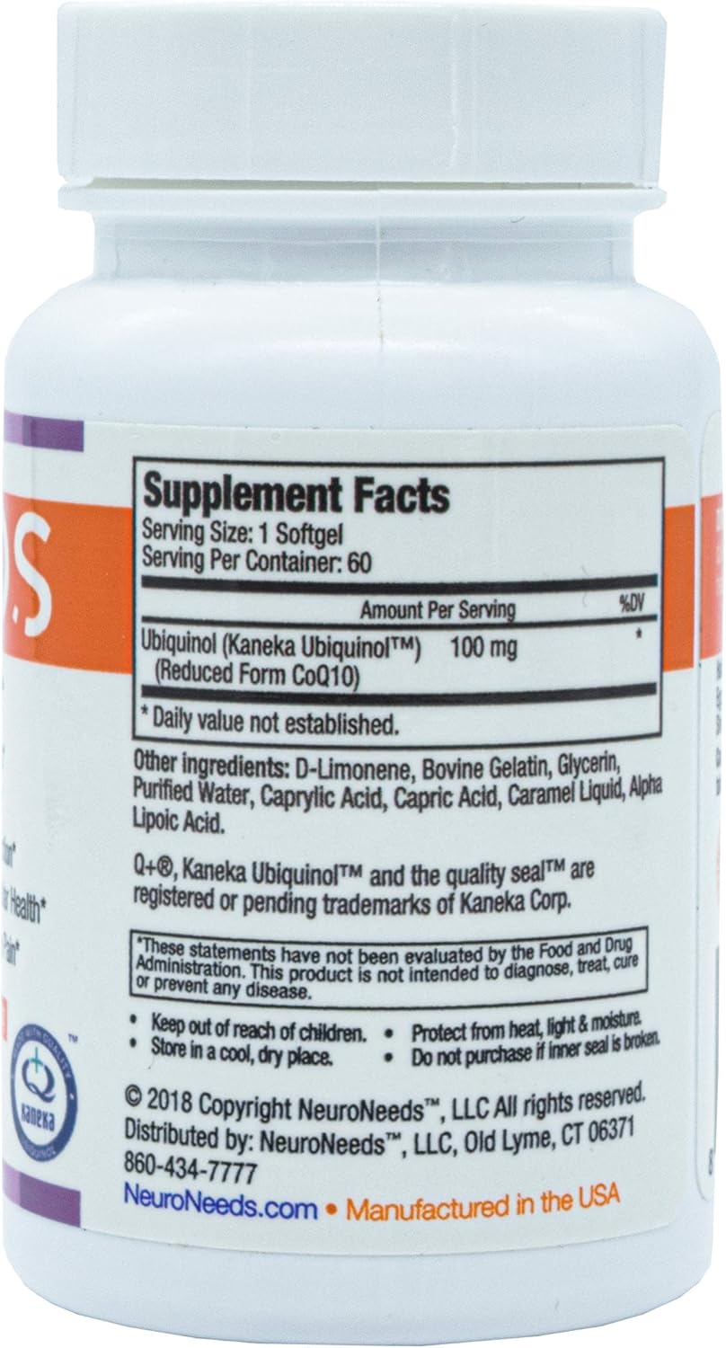 QNeeds® Neuro Needs CoQH-CF Ubiquinol 100mg Softgels - Clinically Proven Enhanced Delivery for Maximum Absorption and Heart Health Support