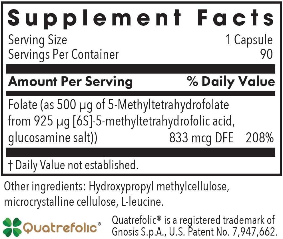 QuatreActiv Folate Supplement - Methylfolate for Methylation Support - 90 Vegetarian Capsules