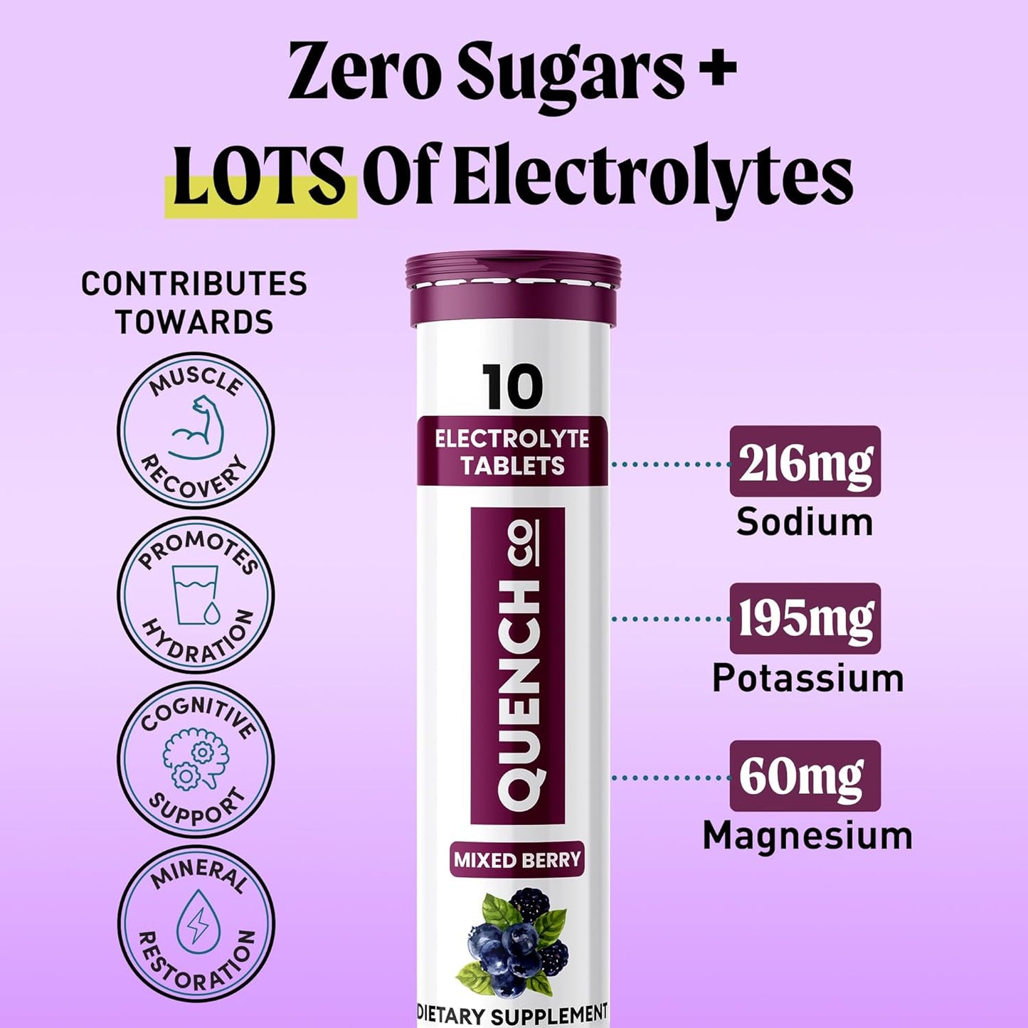 Quench Electrolyte Tablets 40 Count - Instant Hydration with No Sugar, Fasting Electrolytes for Optimal Support - Watermelon, Orange, Mixed Berry, Lemon Flavors