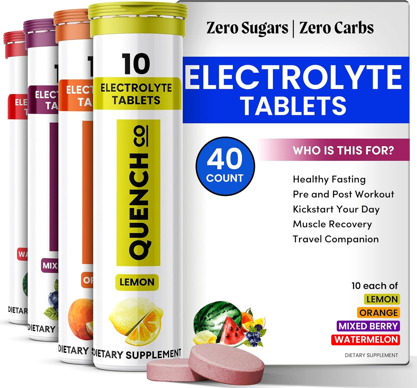 Quench Electrolyte Tablets 40 Count - Instant Hydration with No Sugar, Fasting Electrolytes for Optimal Support - Watermelon, Orange, Mixed Berry, Lemon Flavors