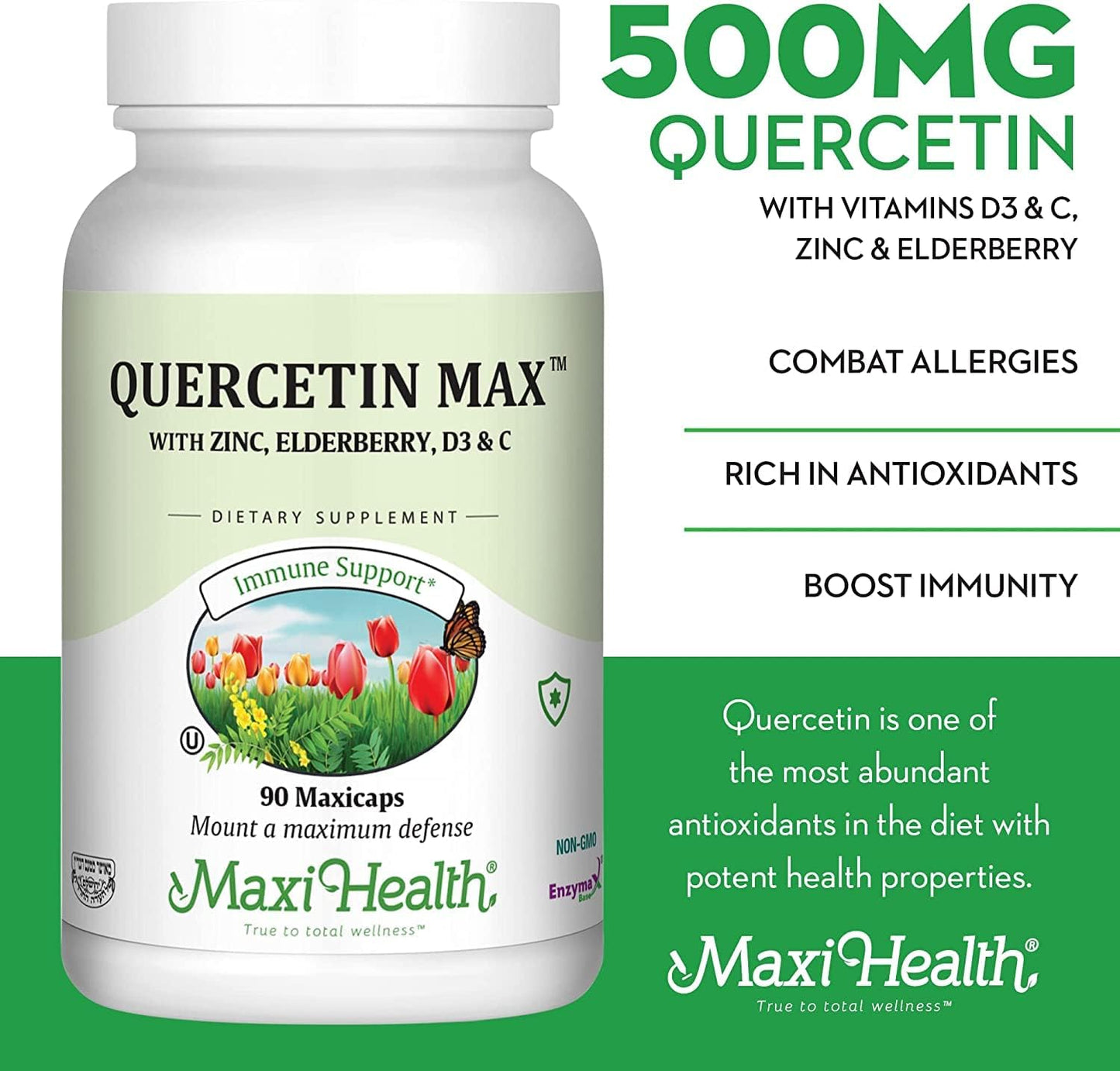 Quercetin 500mg with Zinc, Vitamin C, D, Elderberry - Vegetarian Supplement for Adults - 90 Capsules x 2 - Kosher Certified