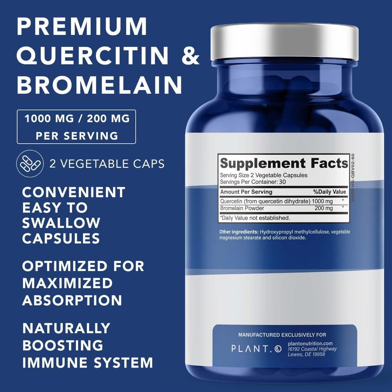 Quercetin and Bromelain Supplement 1000mg/200mg - Immune, Respiratory, Joint Support - Natural 60 Veg Capsules