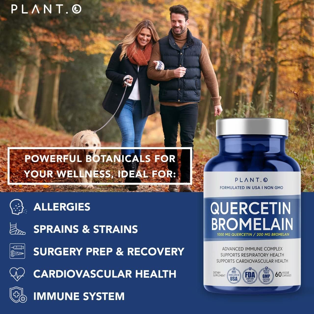 Quercetin and Bromelain Supplement 1000mg/200mg - Immune, Respiratory, Joint Support - Natural 60 Veg Capsules