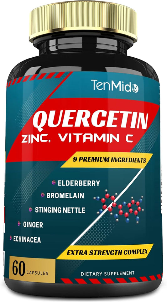 Quercetin Extract Capsules with Vitamin C, Elderberry, Bromelain, Ginger, Echinacea, and Pepper - 60 Capsules, 2-Month Supply