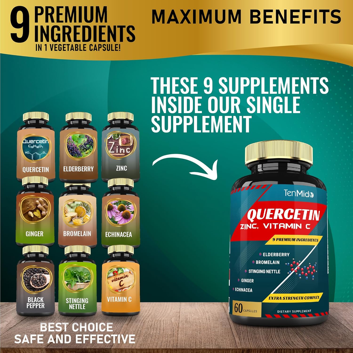 Quercetin Extract Capsules with Vitamin C, Elderberry, Bromelain, Ginger, Echinacea, and Pepper - 60 Capsules, 2-Month Supply