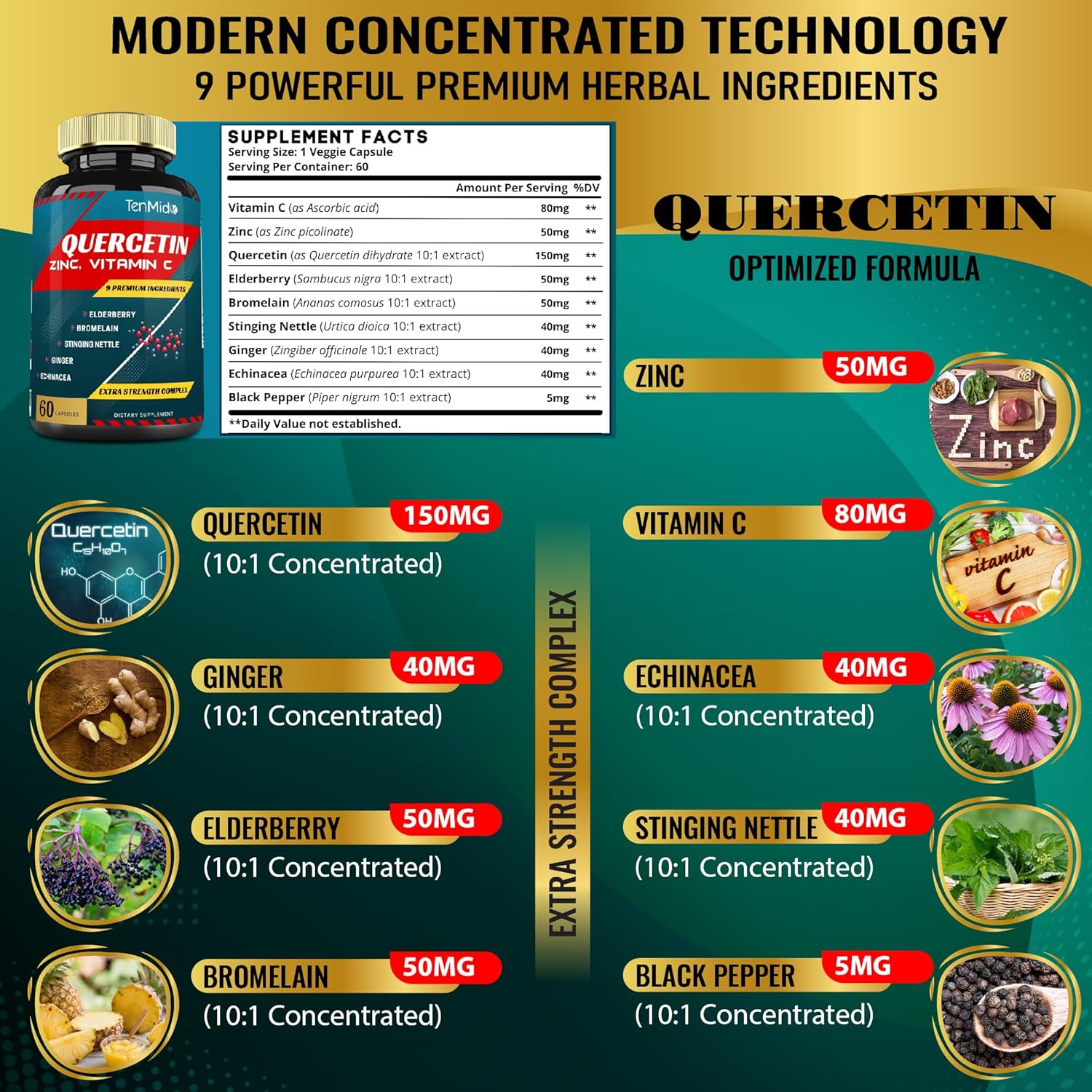 Quercetin Extract Capsules with Vitamin C, Elderberry, Bromelain, Ginger, Echinacea, and Pepper - 60 Capsules, 2-Month Supply