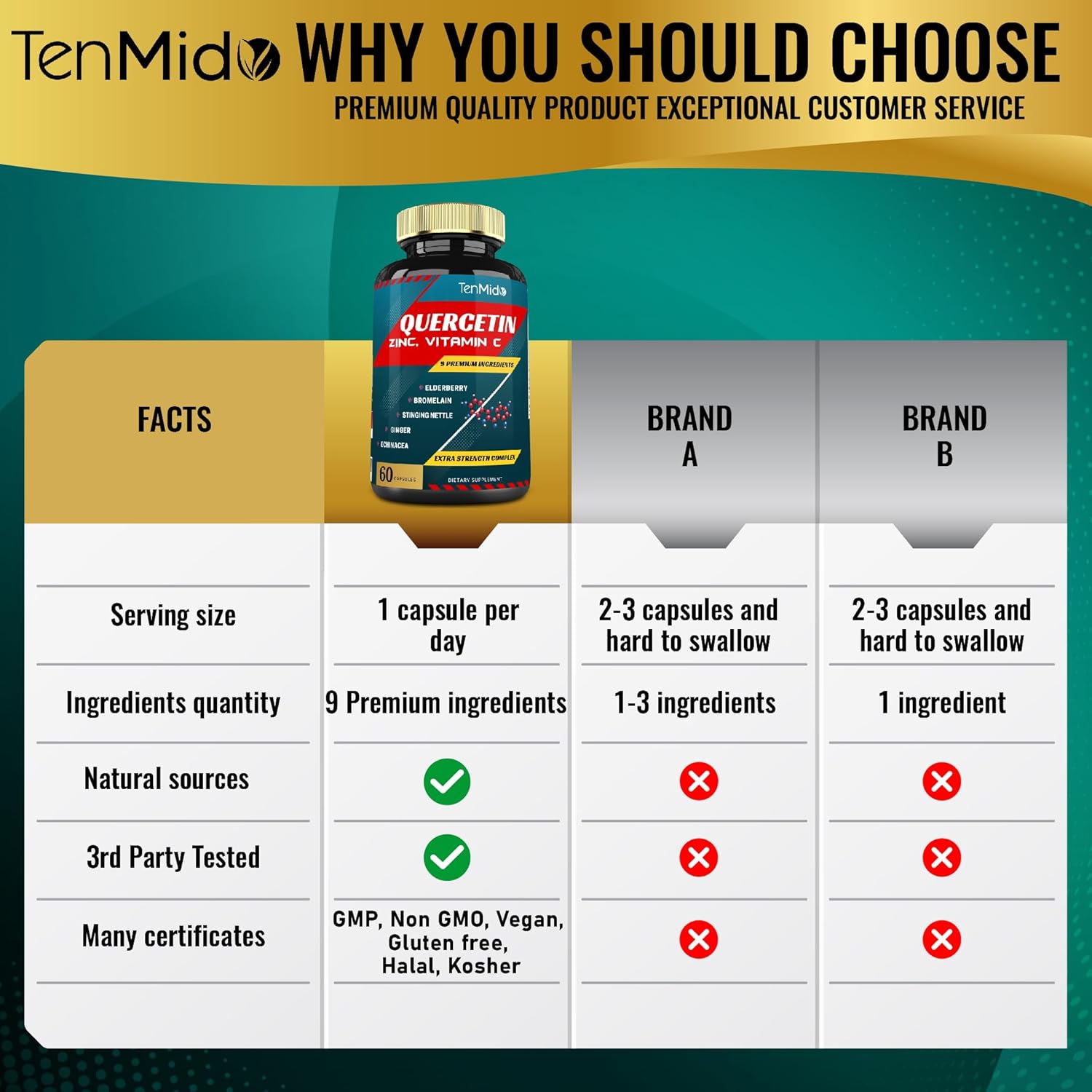 Quercetin Extract Capsules with Vitamin C, Elderberry, Bromelain, Ginger, Echinacea, and Pepper - 60 Capsules, 2-Month Supply