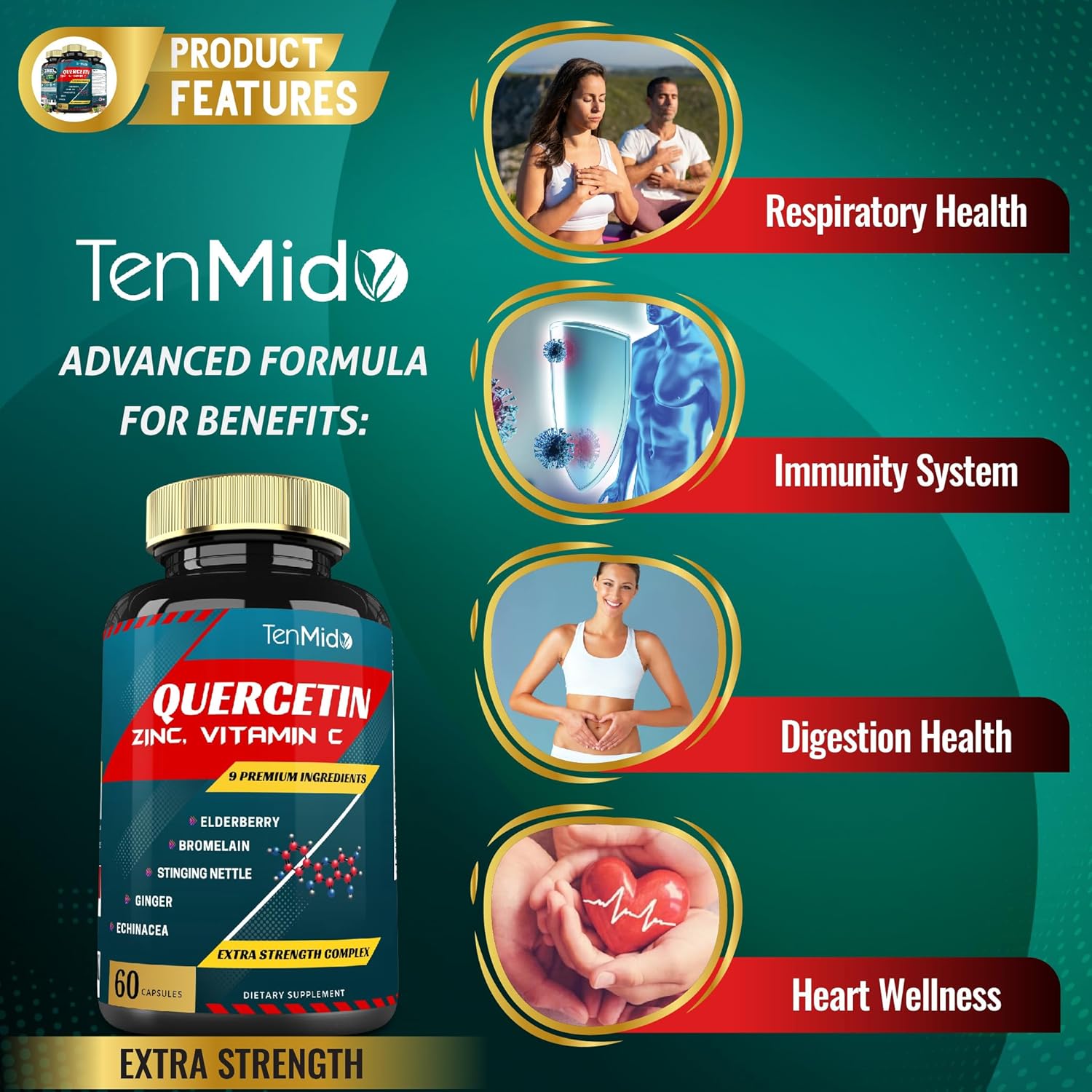 Quercetin Extract Capsules with Vitamin C, Elderberry, Bromelain, Ginger, Echinacea, and Pepper - 60 Capsules, 2-Month Supply