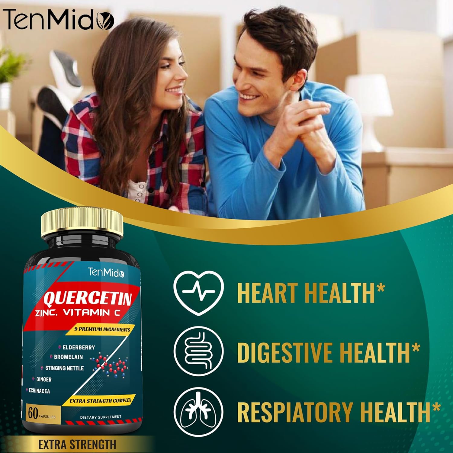 Quercetin Extract Capsules with Vitamin C, Elderberry, Bromelain, Ginger, Echinacea, and Pepper - 60 Capsules, 2-Month Supply