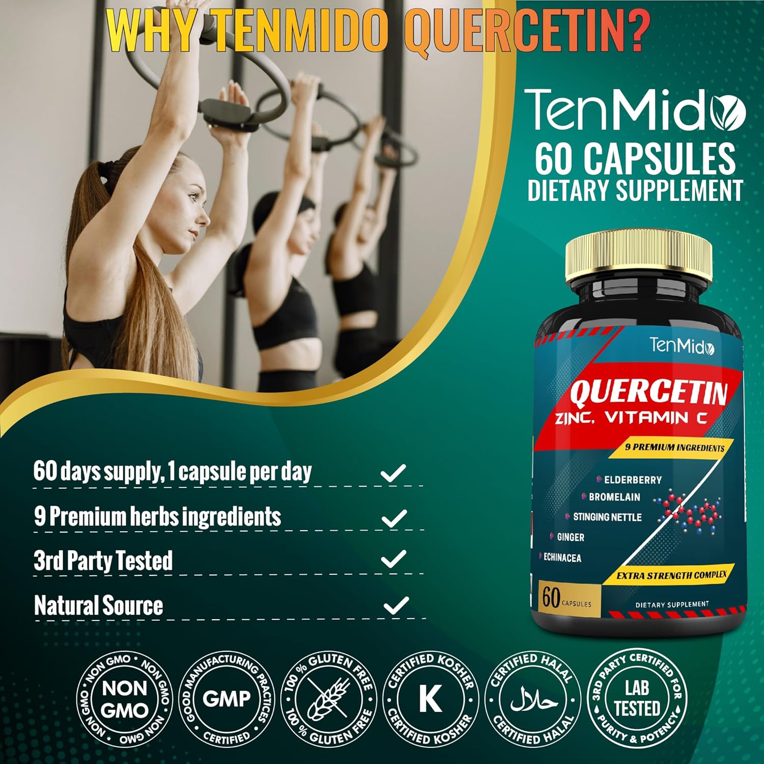 Quercetin Extract Capsules with Vitamin C, Elderberry, Bromelain, Ginger, Echinacea, and Pepper - 60 Capsules, 2-Month Supply