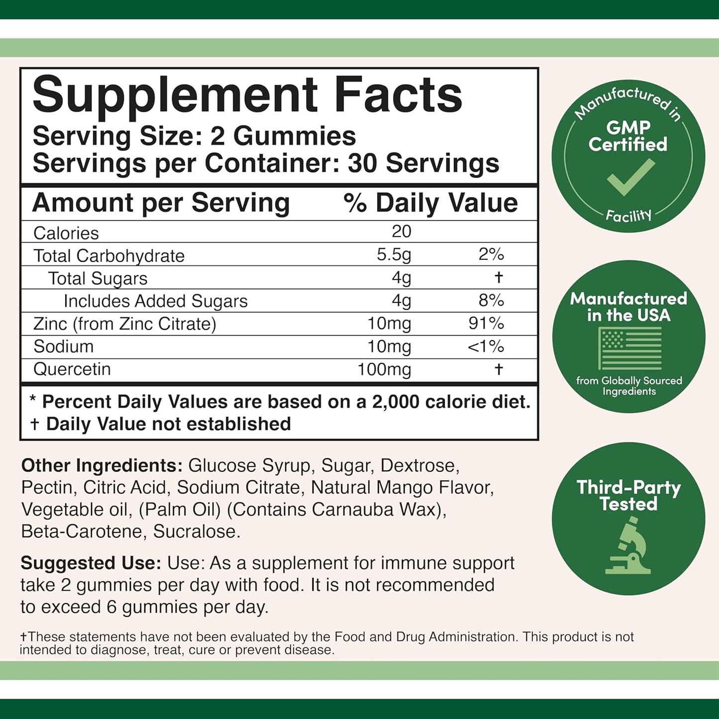 Quercetin Gummies with Zinc - Mango Flavored Immune Support - 60 Chewables for Adults and Kids by Double Wood