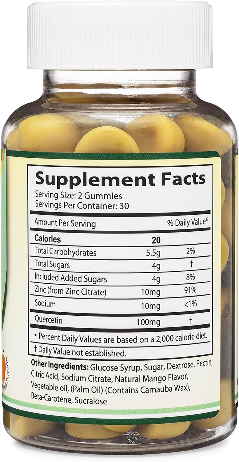 Quercetin Gummies with Zinc - Mango Flavored Immune Support - 60 Chewables for Adults and Kids by Double Wood