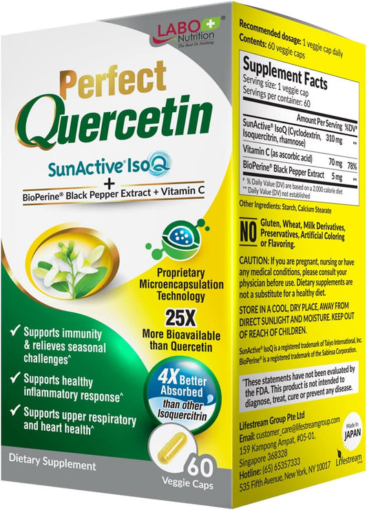 Quercetin SunActive IsoQ Bioflavonoids with Vitamin C - Immune Boost, Allergy Relief, Sinus & Cardio Support - 60 Capsules