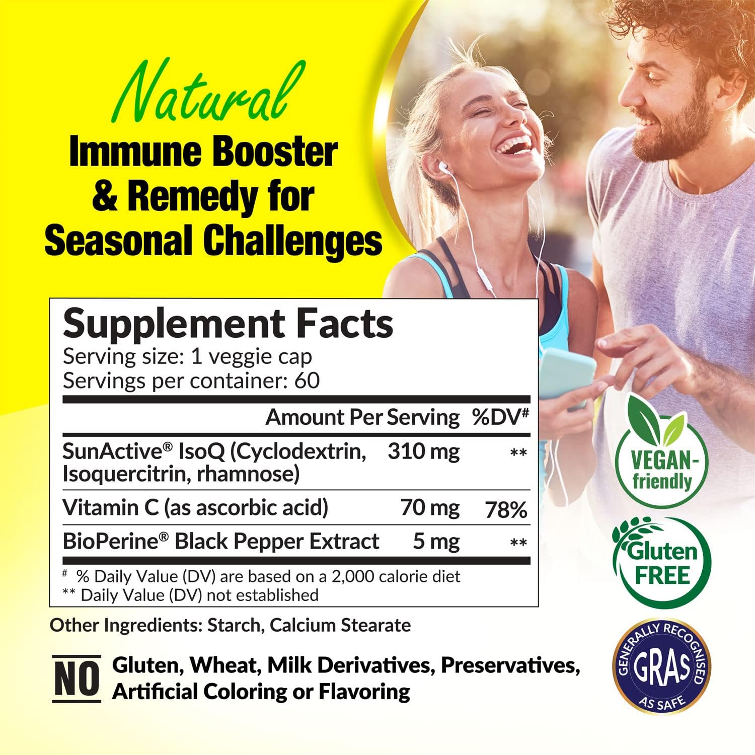 Quercetin SunActive IsoQ Bioflavonoids with Vitamin C - Immune Boost, Allergy Relief, Sinus & Cardio Support - 60 Capsules