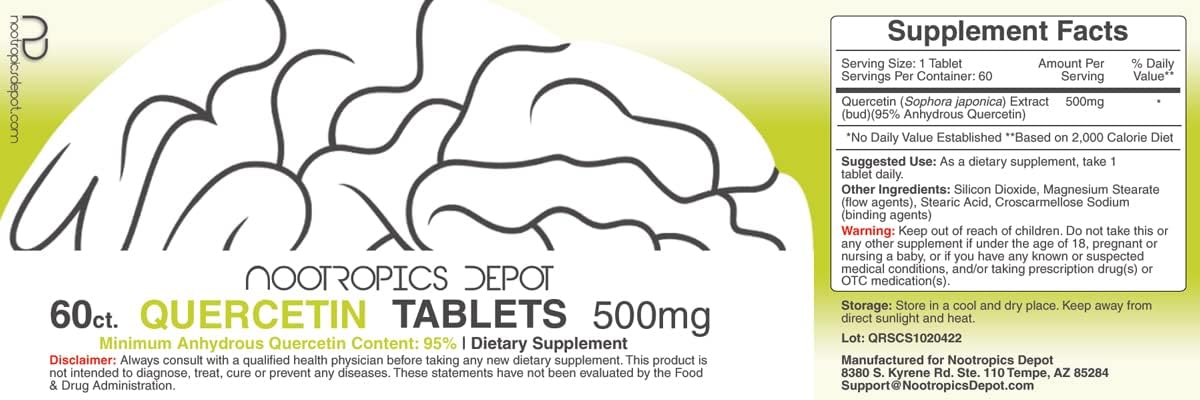 Quercetin Tablets 500mg | 60 Count | 95% Anhydrous Quercetin Supplements by Nootropics Depot