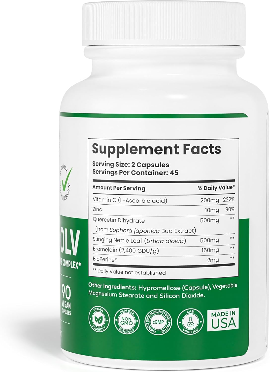 Quercetin with Bromelain Allergy & Immune Support Complex - Non-GMO Formula with Vitamin C, Zinc, and Nettle Leaf - 500mg Natural Allergy Supplement - 90 Veggie Capsules