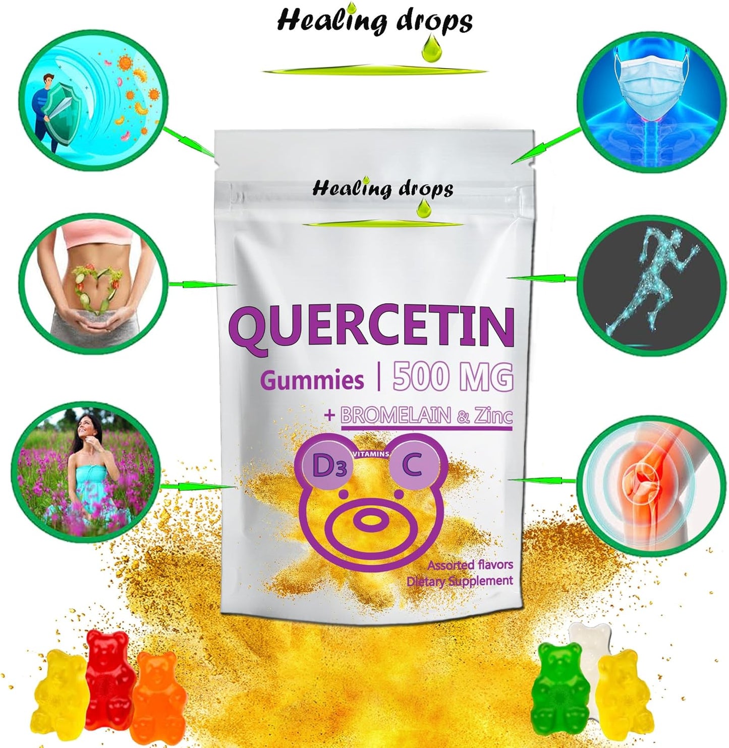 Quercetin with Bromelain Gummies - Vitamin C, Zinc, and D3 - 500mg Healing Drops for Kids and Adults
