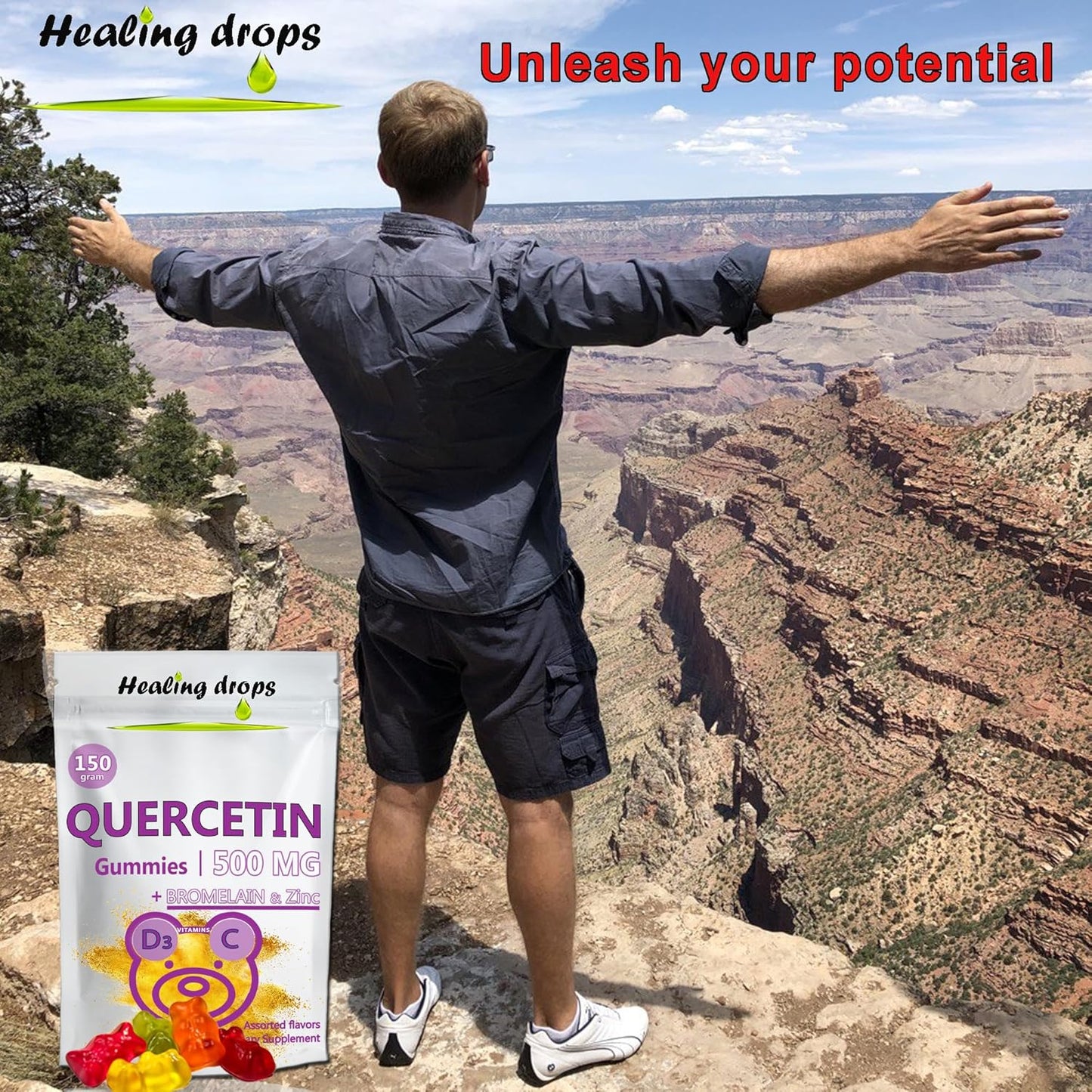 Quercetin with Bromelain Gummies - Vitamin C, Zinc, and D3 - 500mg Healing Drops for Kids and Adults