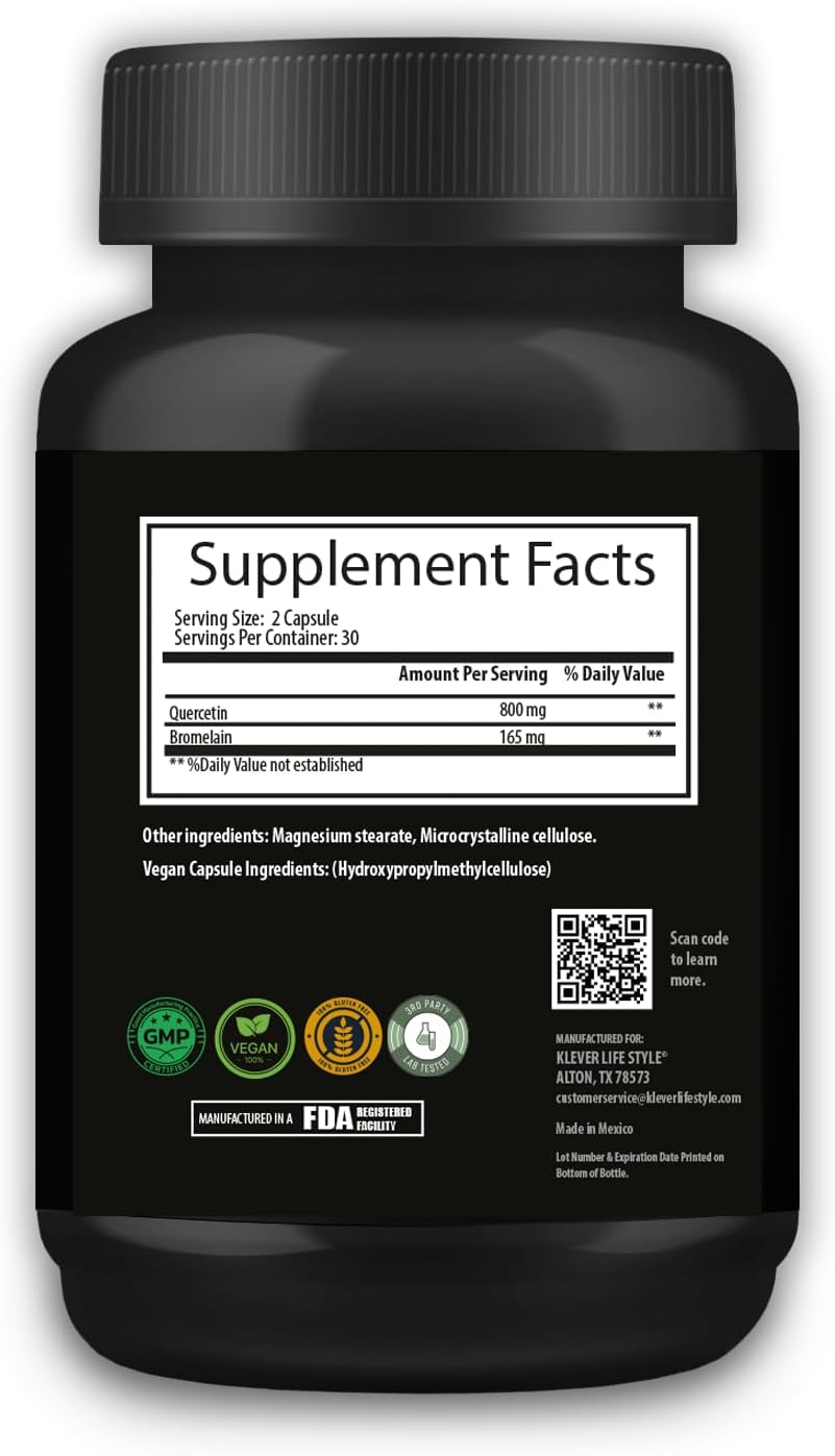 Quercetin with Bromelain Supplement for Brain Health and Antioxidant Support - 60 Capsules, 800mg