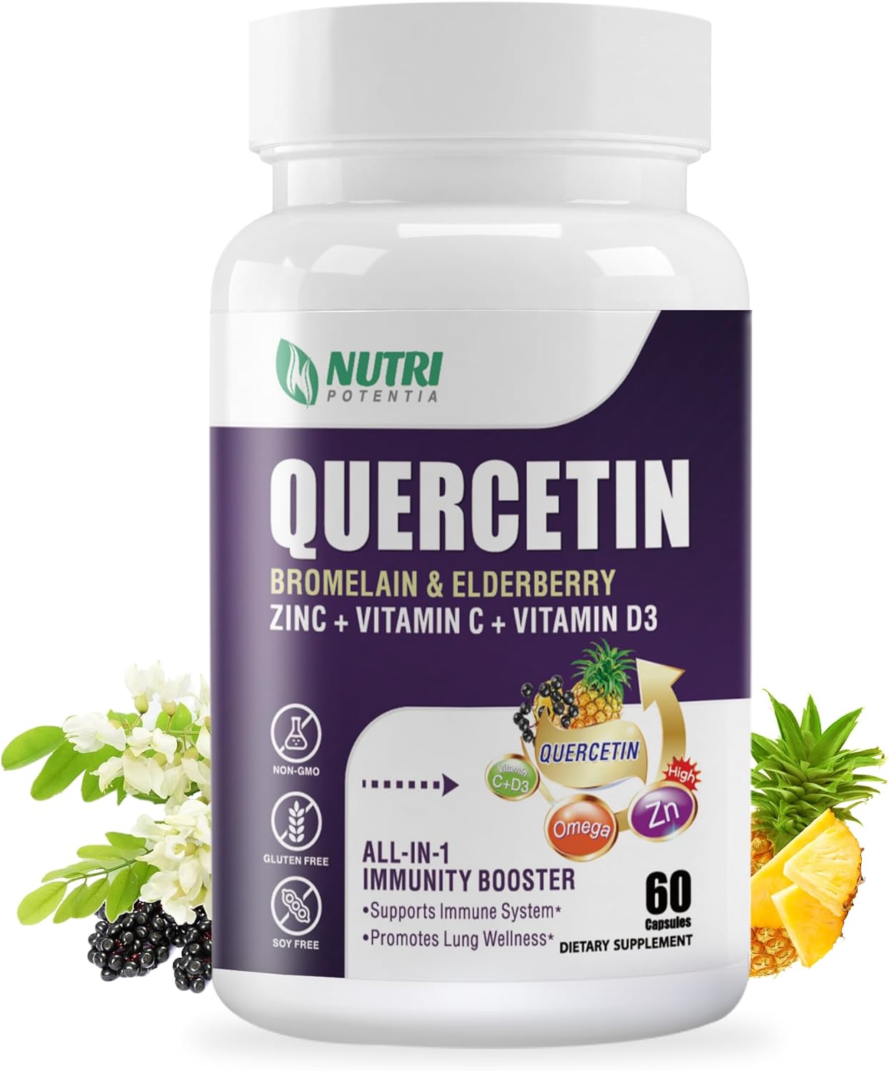 Quercetin with Bromelain, Vitamin C, D3, Zinc, Elderberry - Lung & Respiratory Support - 60 Capsules