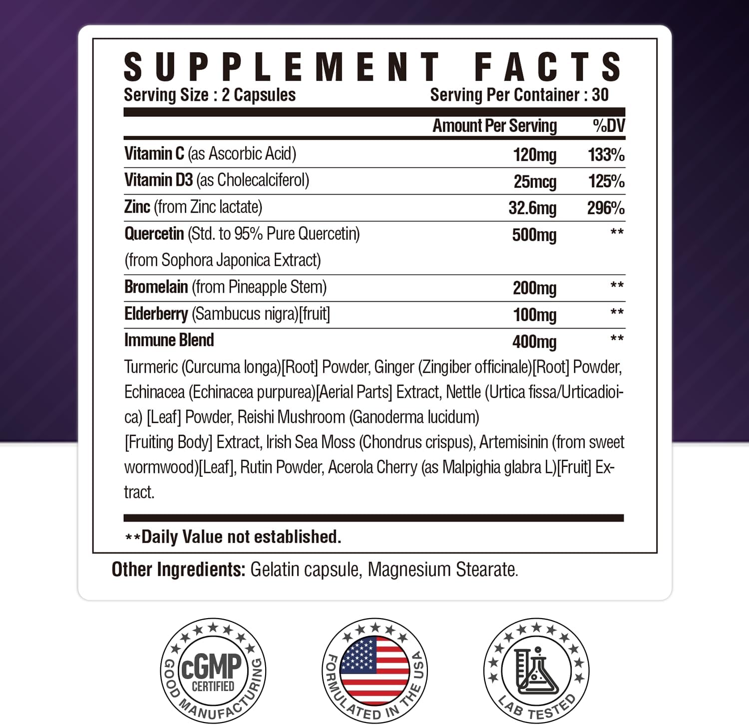 Quercetin with Bromelain, Vitamin C, D3, Zinc, Elderberry - Lung & Respiratory Support - 60 Capsules