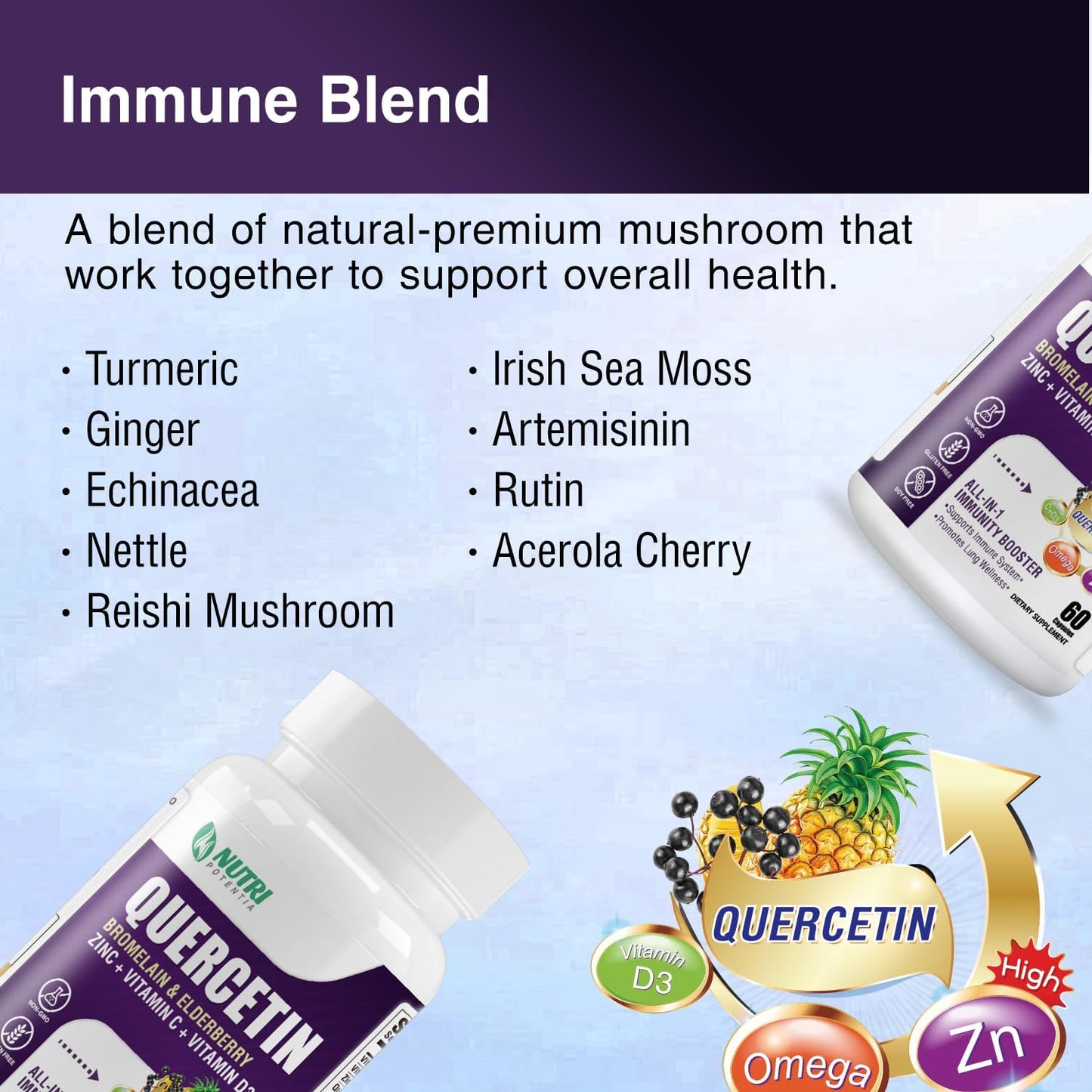 Quercetin with Bromelain, Vitamin C, D3, Zinc, Elderberry - Lung & Respiratory Support - 60 Capsules