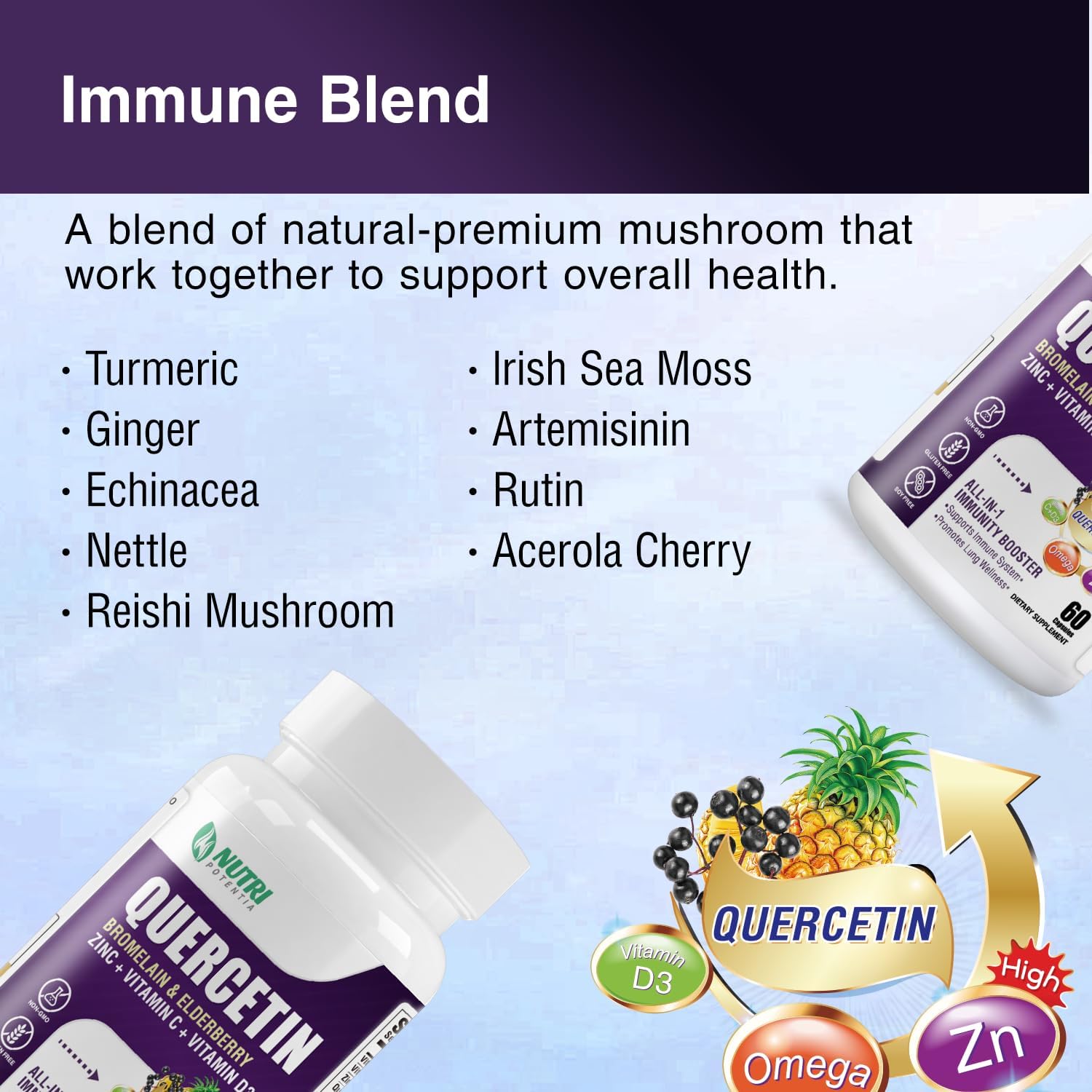 Quercetin with Bromelain, Vitamin C, D3, Zinc, Elderberry - Lung & Respiratory Support - 60 Capsules