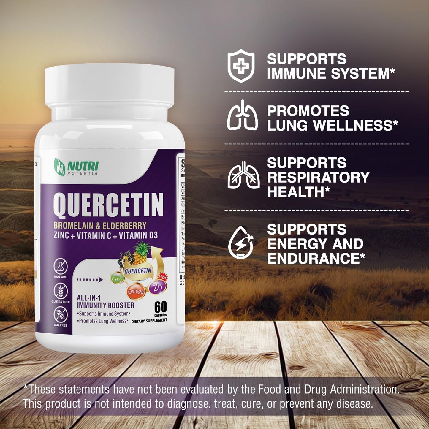 Quercetin with Bromelain, Vitamin C, D3, Zinc, Elderberry - Lung & Respiratory Support - 60 Capsules
