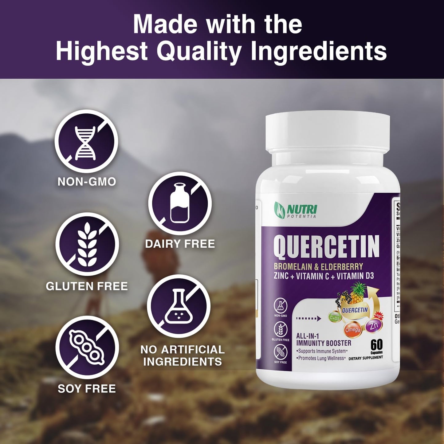 Quercetin with Bromelain, Vitamin C, D3, Zinc, Elderberry - Lung & Respiratory Support - 60 Capsules
