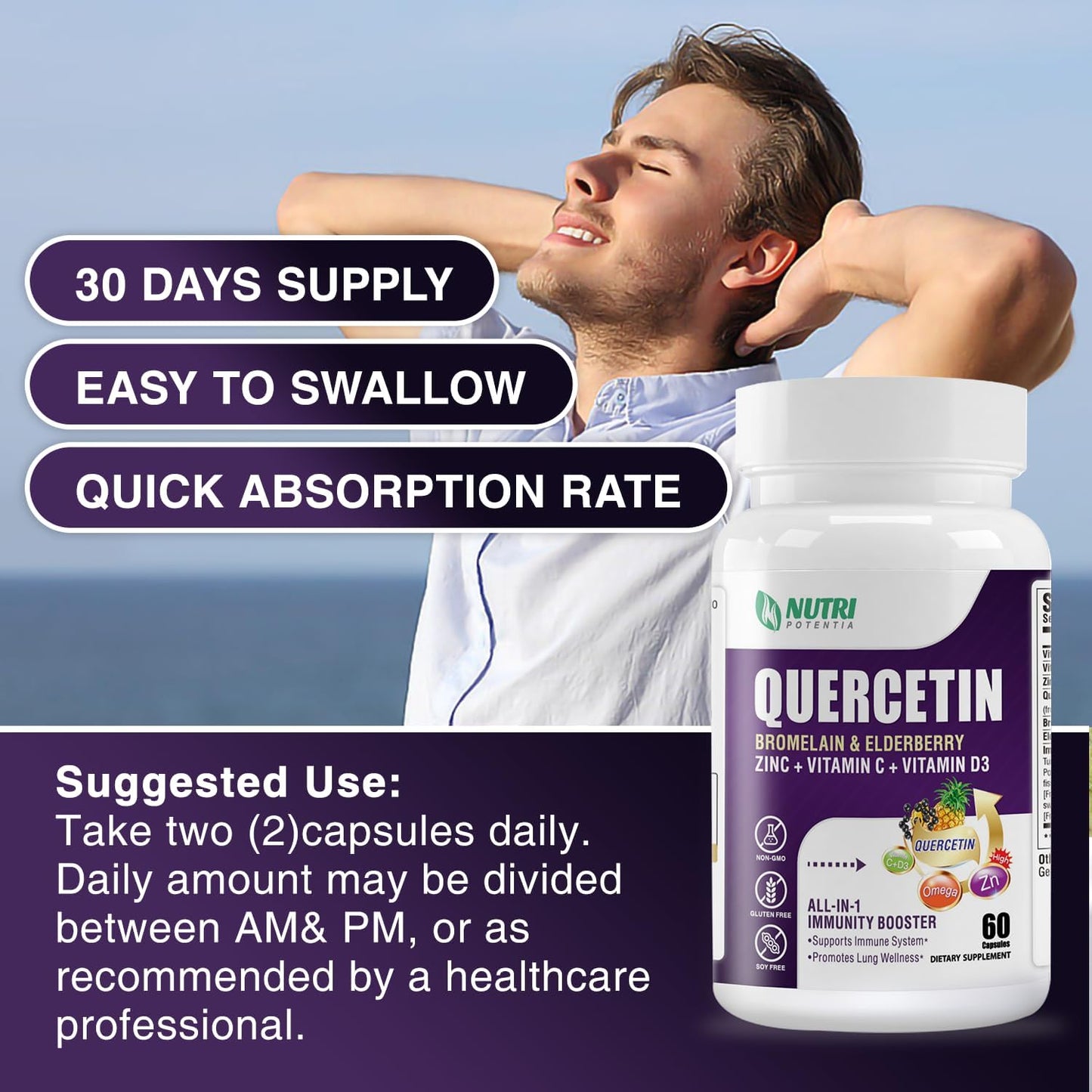 Quercetin with Bromelain, Vitamin C, D3, Zinc, Elderberry - Lung & Respiratory Support - 60 Capsules