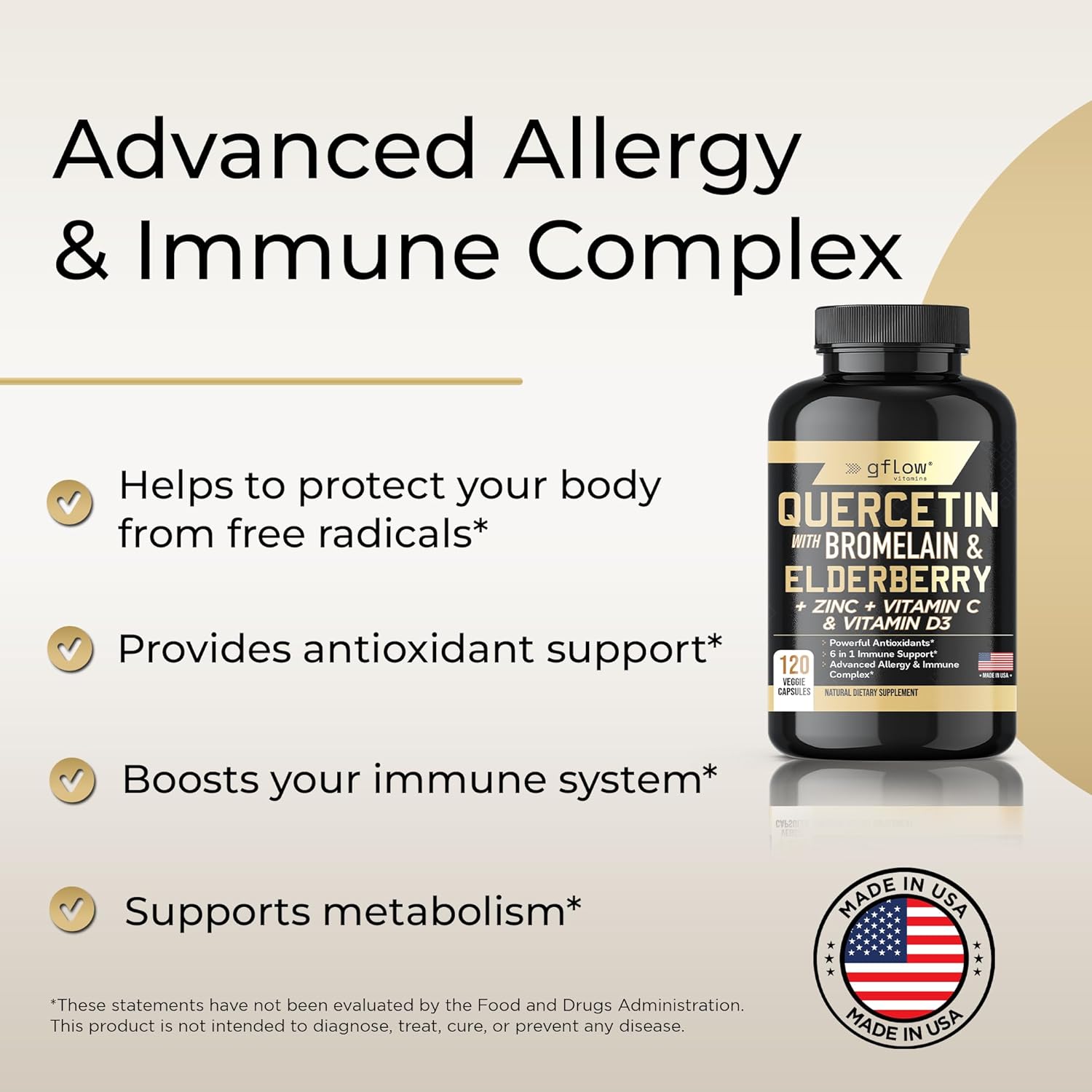 Quercetin with Vitamin C, Zinc, and Bromelain - 500mg - 120 Veggie Caps - Elderberry for Adults - Non-GMO, Vegan - 4 Months Supply