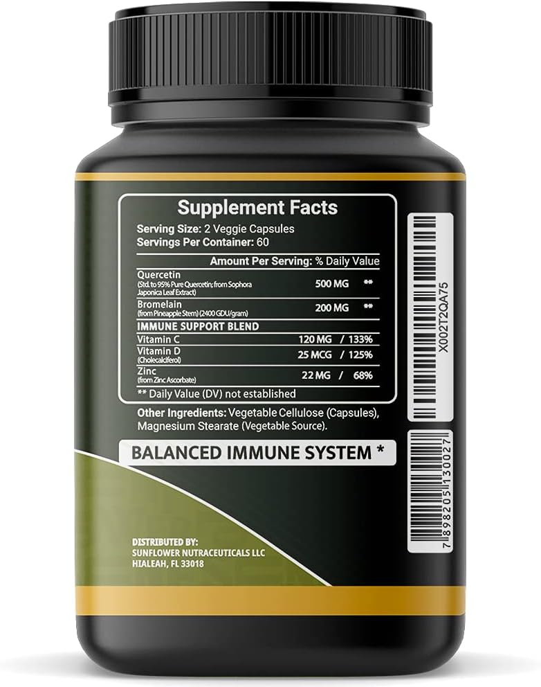 Quercetin with Vitamin C, Zinc, and Bromelain Capsules - 500mg - 120 Veggie Caps - Non-GMO, Gluten-Free, Vegan - 2 Month Supply
