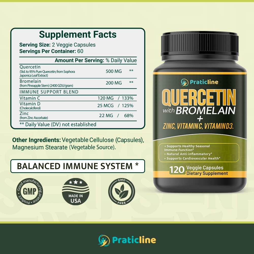 Quercetin with Vitamin C, Zinc, and Bromelain Capsules - 500mg - 120 Veggie Caps - Non-GMO, Gluten-Free, Vegan - 2 Month Supply