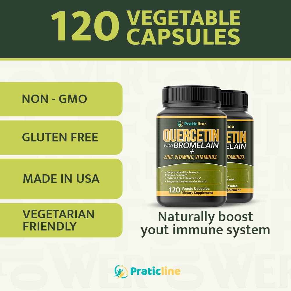 Quercetin with Vitamin C, Zinc, and Bromelain Capsules - 500mg - 120 Veggie Caps - Non-GMO, Gluten-Free, Vegan - 2 Month Supply