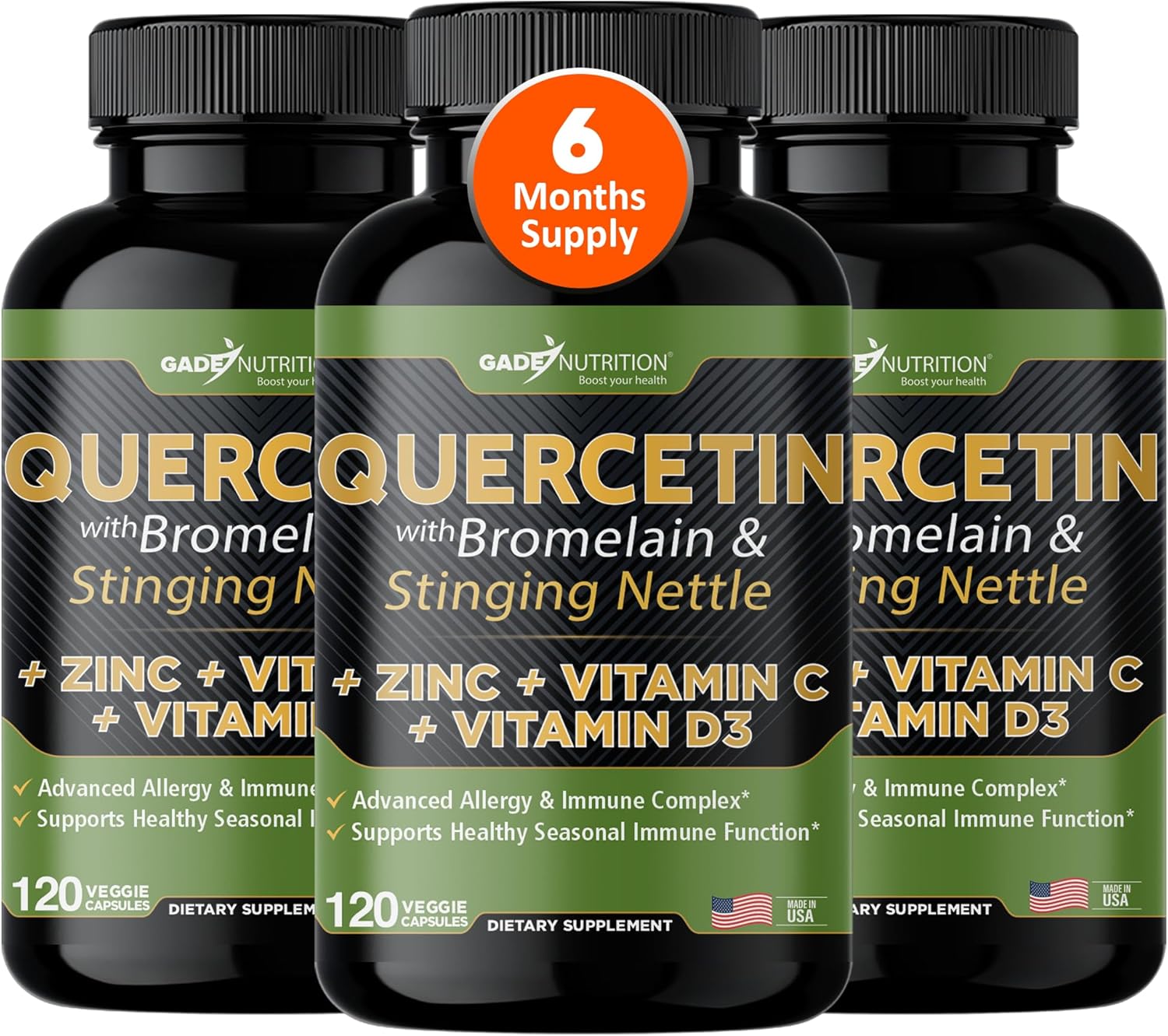 Quercetin with Vitamin C, Zinc, and Nettle - 500mg Capsules with Bromelain - 6 Month Supply - Non-GMO, Gluten-Free, Vegan