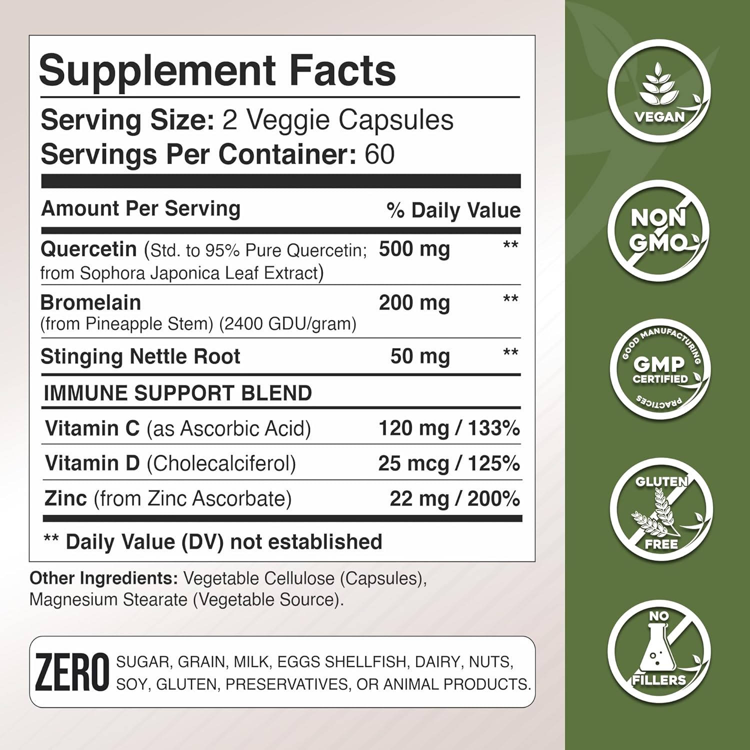 Quercetin with Vitamin C, Zinc, and Nettle - 500mg Capsules with Bromelain - 6 Month Supply - Non-GMO, Gluten-Free, Vegan