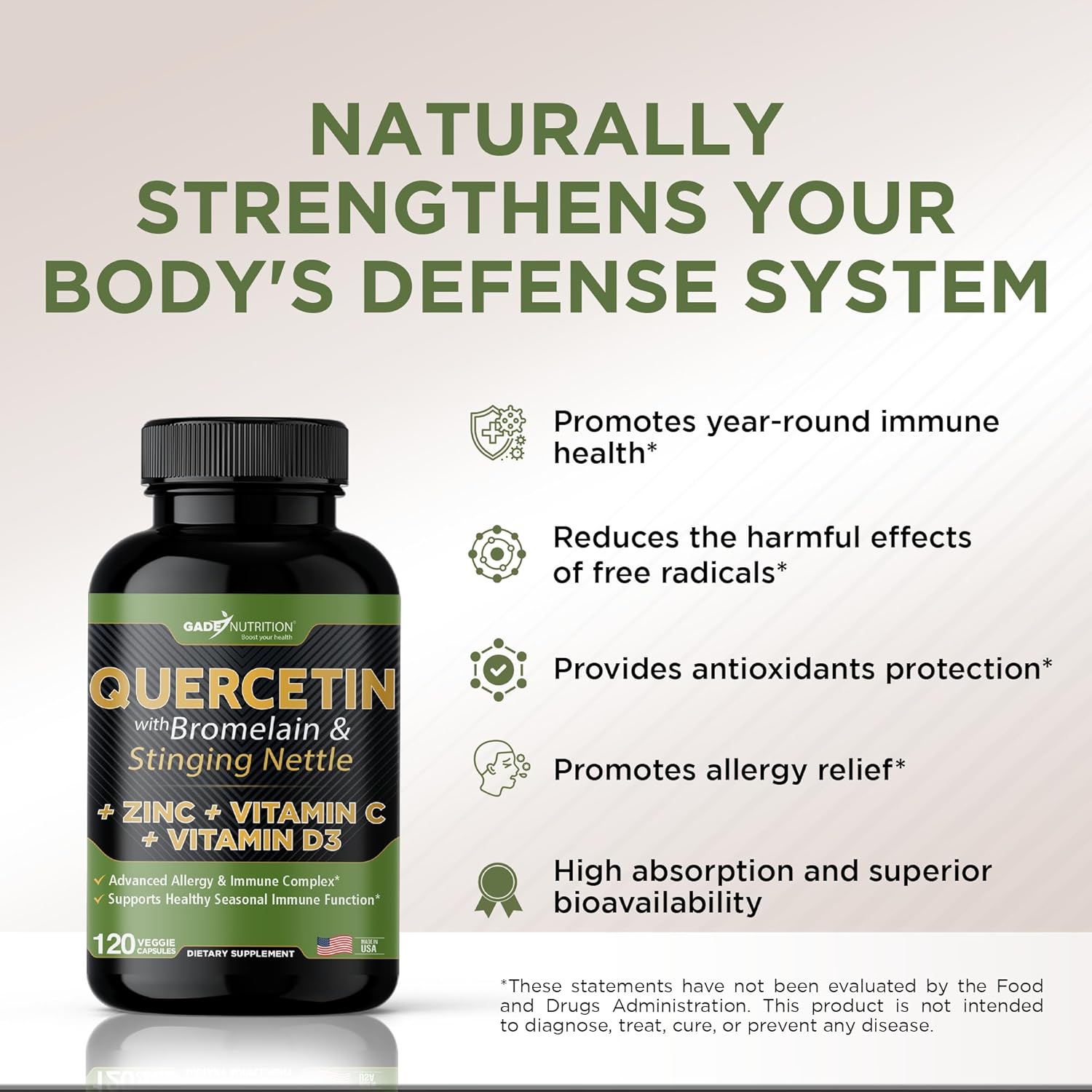 Quercetin with Vitamin C, Zinc, and Nettle - 500mg Capsules with Bromelain - 6 Month Supply - Non-GMO, Gluten-Free, Vegan