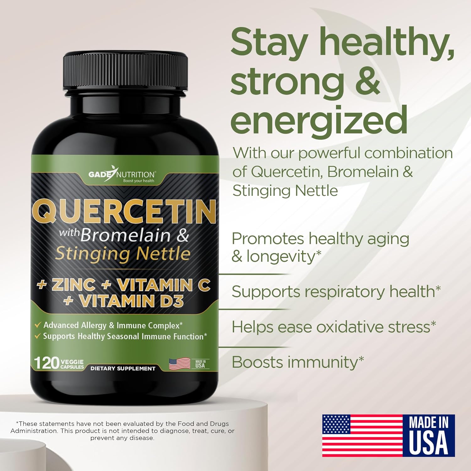 Quercetin with Vitamin C, Zinc, and Nettle - 500mg Capsules with Bromelain - 6 Month Supply - Non-GMO, Gluten-Free, Vegan