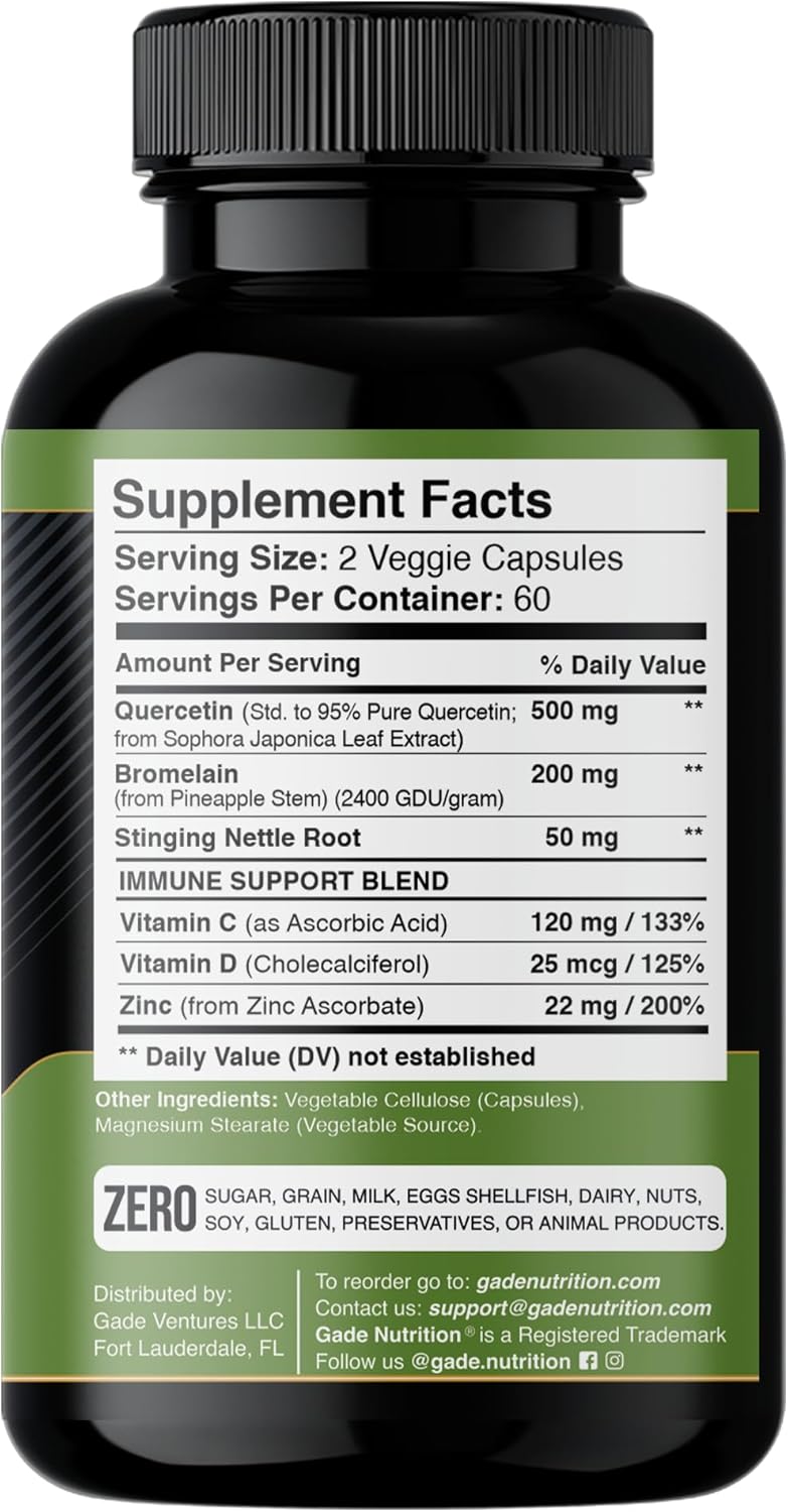 Quercetin with Vitamin C, Zinc, and Nettle - 500mg Capsules with Bromelain - 6 Month Supply - Non-GMO, Gluten-Free, Vegan
