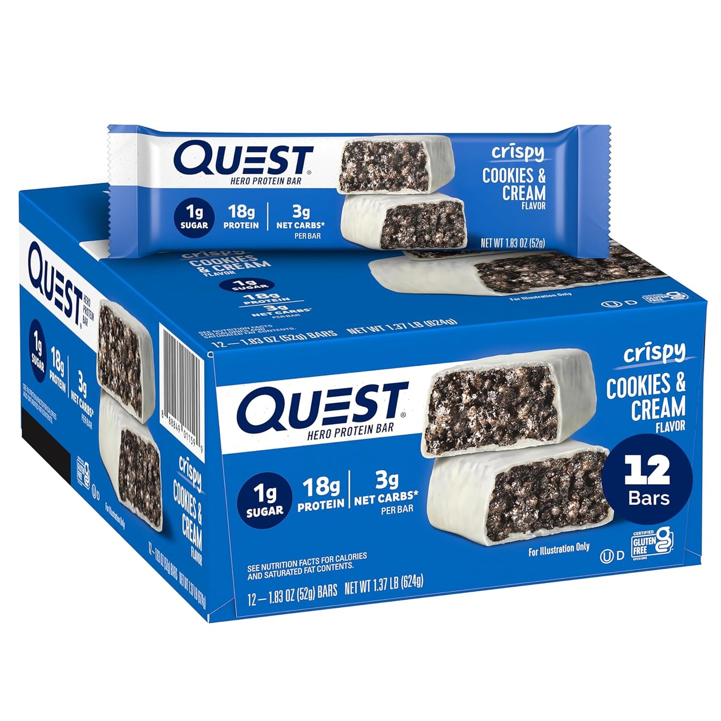 Quest Nutrition Cookies & Cream Hero Protein Bar - 12 Count, 18g Protein, 1g Sugar, Gluten Free, Keto Friendly
