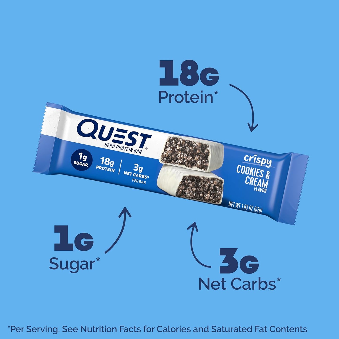 Quest Nutrition Cookies & Cream Hero Protein Bar - 12 Count, 18g Protein, 1g Sugar, Gluten Free, Keto Friendly