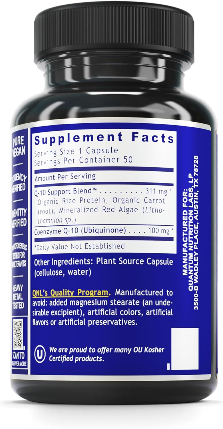 Qultured CoQ-10 Supplement - 100mg Ubiquinol Coenzyme Q10 Capsules with Red Algae for Heart, Nerve, and Immune Support - 60 Vegetarian Caps
