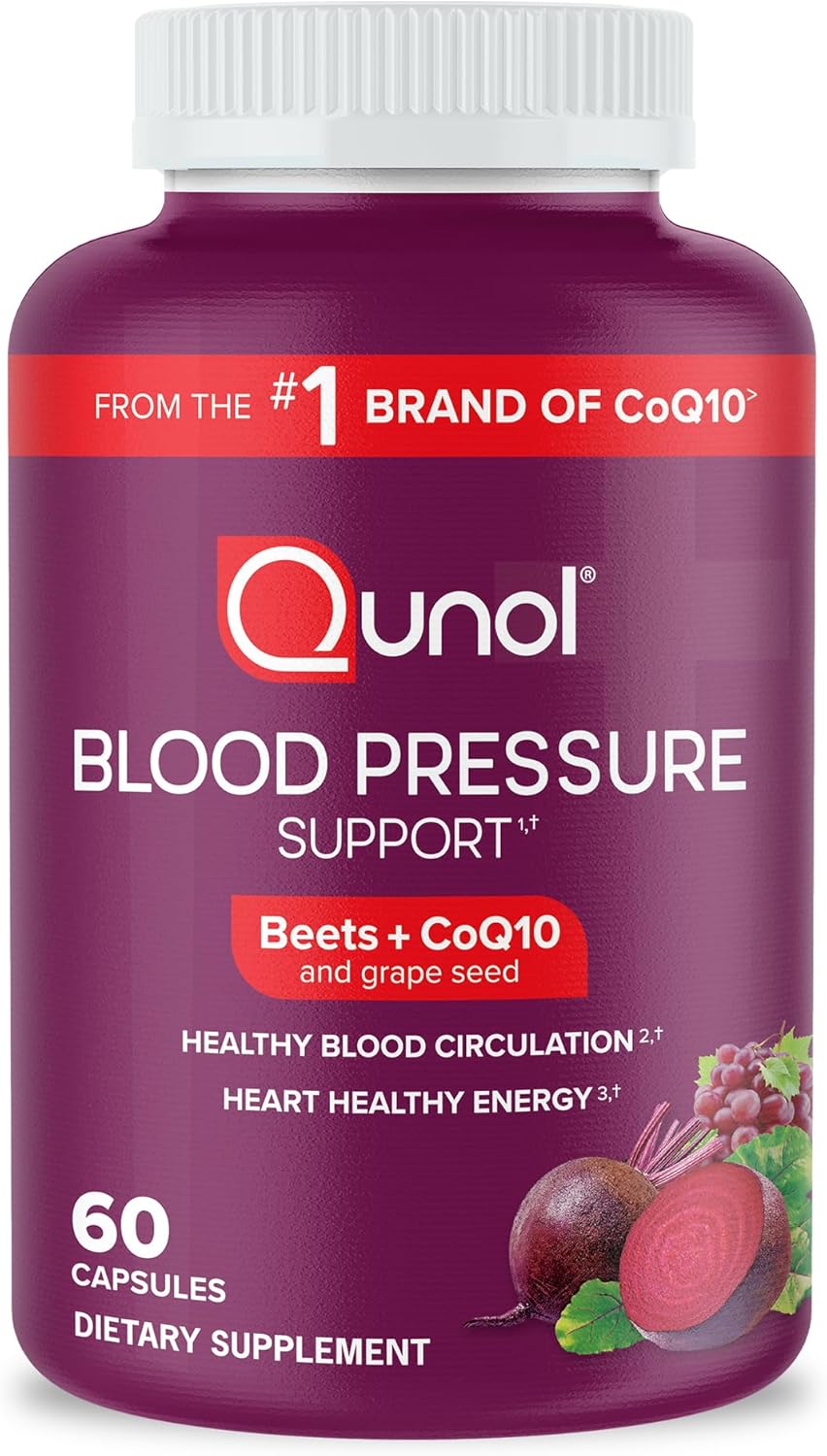 Qunol 3-in-1 Blood Pressure Support Capsules with Beets, CoQ10, and Grape Seed Extract - Promotes Healthy Blood Circulation and Energy - 60 Count